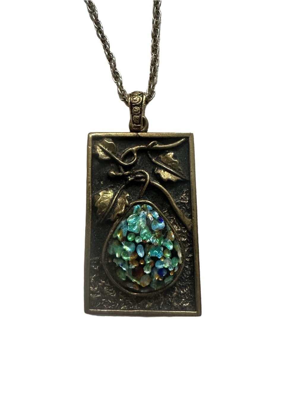Bronze Teardrop Pear Pendant Necklace with Blue-Green Abalone or Glass Inlay